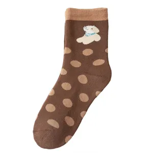 Women cute dog pattern thick mid-tube cotton socks winter warm casual polka dot terry socks