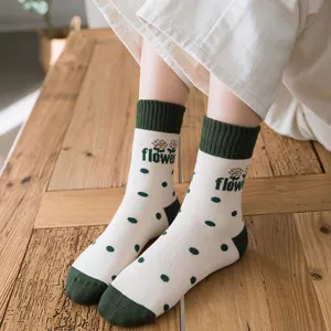 Women cute polka dot crew socks green thermal cotton looped athletic cozy winter socks