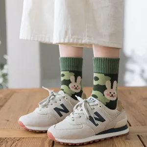 Cute green rabbit terry socks for women, cozy cotton winter mid-calf warm socks daily wear