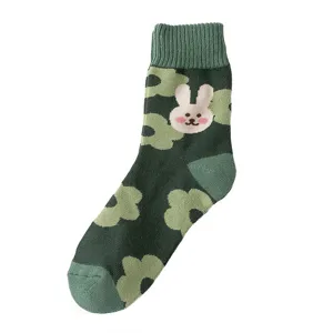 Cute green floral cotton socks for women, comfortable thick terry cloth winter athletic socks.