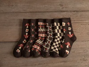 Retro women wool socks with mushroom pattern, thick winter socks for daily warm wear.