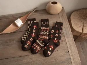 Cozy autumn winter women mid-calf knit socks vintage mushroom floral pattern warm socks 1pc