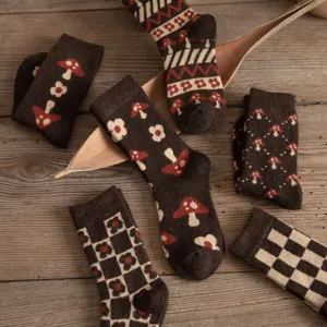 Cozy women mid-calf wool socks detail showcasing vintage mushroom and plaid patterns for autumn.