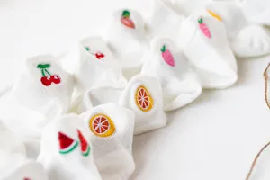 White ankle socks for women with cute fruit embroidery, breathable summer cotton boat socks.