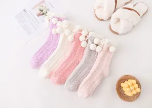 Cute fluffy coral fleece mid-tube socks with handmade pom-poms, cozy winter warm fuzzy socks.