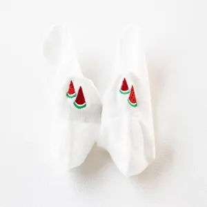 White women short boat socks with embroidered watermelon. Soft cotton summer casual daily sock detail.