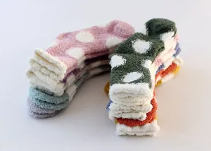 Cozy fuzzy polka dot socks for women, thick soft coral fleece winter home floor socks.