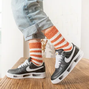 Women Coral Fleece Thickened Warm Striped Mid Tube Socks Winter Soft Cozy Sleep Floor Socks Casual Hosiery