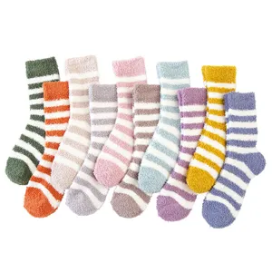 Cozy thick coral fleece striped mid-tube socks warm winter cute women fuzzy hosiery set
