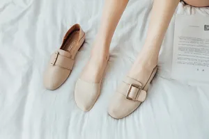 Beige women's flat shoes and invisible boat socks set, comfortable daily wear footwear style.