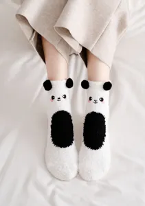 Cute panda plush fuzzy socks for women winter warm thick soft indoor floor sleeping socks