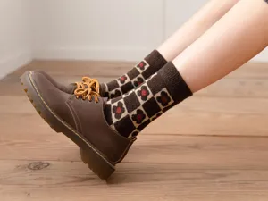 Women brown checkered wool socks detailed view showcasing cozy winter mid tube knit design.