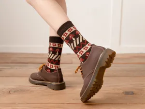 Cozy brown wool mid-calf socks for women, featuring vintage mushroom and flower knit patterns.
