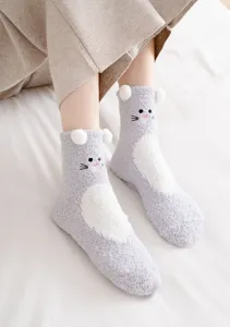 Cozy grey fleece fuzzy socks for women winter warm cute cartoon animal floor socks home use.
