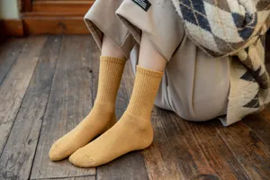Yellow solid color mid-tube ribbed loop socks for women, soft and warm winter socks.