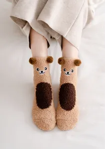 Cute fluffy bear fuzzy socks for women, thick warm coral fleece winter sleep socks.