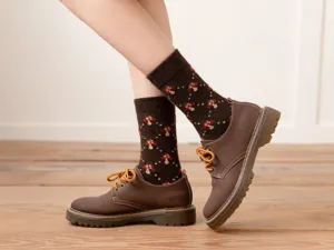 Cozy brown wool blend mid-calf socks for women featuring cute retro mushroom pattern design.
