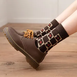 Stylish brown mid-calf wool socks for women with retro floral checkerboard pattern in winter.