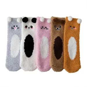 Cute animal coral fleece fuzzy socks for women, warm winter thick soft indoor floor socks.