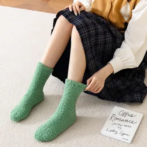 Cozy green coral fleece socks for women, soft fluffy warm winter mid-tube socks, daily homewear.