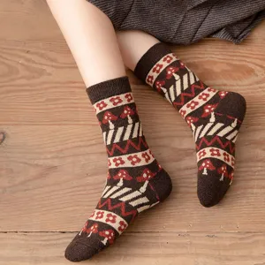 Cozy brown wool crew socks featuring cute vintage mushroom and floral knit patterns for women.