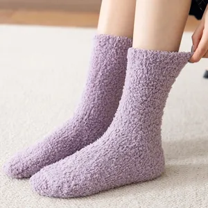 Women cozy coral fleece mid tube socks autumn winter solid color soft warm fuzzy sleep socks