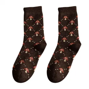 Brown wool blend mid-calf socks with cute red mushroom pattern for women winter daily wear.