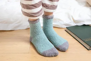 Cozy coral fleece winter warm socks for women, thick plush mid-tube sleep socks, mint green.