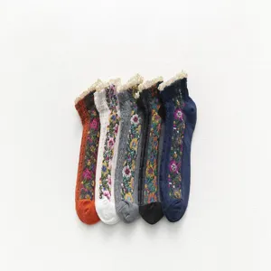 Detailed shot of Japanese vintage floral lace trim women's low-cut boat socks set of five.