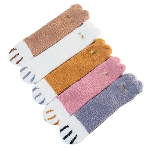 Women's coral fleece fuzzy socks, cute cat paw sleep socks, cozy winter floor socks.