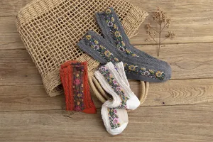 Gros-plan sur les chaussettes femmes rétro à torsades et fleurs, détail style vintage cosy.