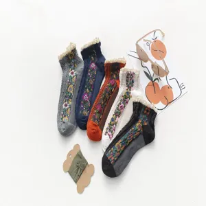 Detailed view of Japanese vintage floral lace socks set, comfortable breathable cotton boat socks.