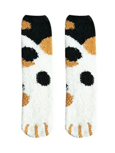 Fluffy winter warm women socks cute cartoon cat claw coral fleece home floor sleeping socks