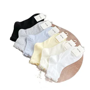 Thin women mid-tube socks with bow lace ruffles, multi-color breathable cute cotton socks.