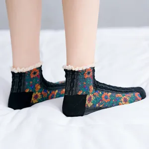 Japanese style vintage floral women socks with cute lace ruffle cuffs, breathable cotton fabric.