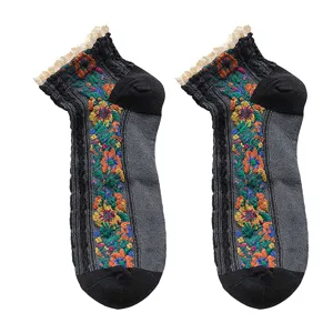 Japanese vintage floral lace socks for women, cute short crew socks with colorful embroidery.