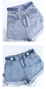 Details of womens denim shorts with stretchy elastic lazy belt, casual summer daily wear jeans.