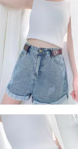 Invisible elastic belt for women with denim shorts, adjustable buckle-free lazy waist strap.