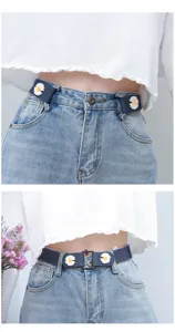 Lazy elastic belt detail showing the adjustable buckle and cute daisy decoration for denim jeans.