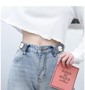 Details of the adjustable elastic waist tightening buckle with cute daisy design for jeans pants.