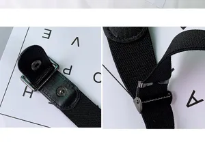 Close-up detail shot of black elastic stretch waist belt with metal buckle and adjustable clasp.