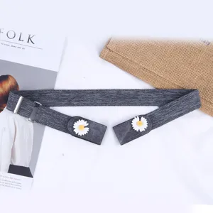 Lazy elastic belt for women, dark gray stretch buckle-free waist belt with cute daisy decor.