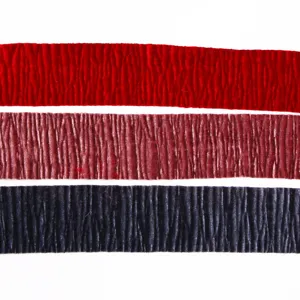 Detailed view of crinkled velvet ribbon trim, perfect for sewing, crafts, and gift wrapping.