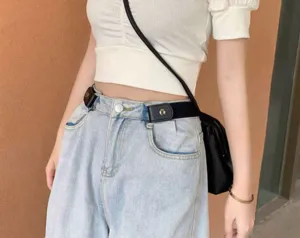 Detailweergave dames elastische riem zonder gesp voor jeans, onzichtbare tailleceintuur.