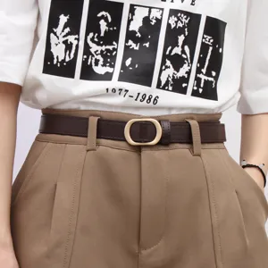 Womens Vintage Faux Leather Thin Belt Retro Gold Oval Metal Buckle Casual Dress Jeans Belt Fashion Waist Belt