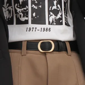 Women retro thin black belt with gold oval buckle versatile fashion waist belt for jeans