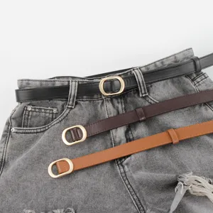 Retro thin women's belt set with chic oval buckle, versatile PU leather strap for jeans.