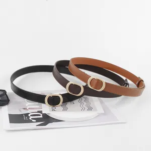 Women thin leather belt set with elegant gold oval buckle casual pants dress accessory