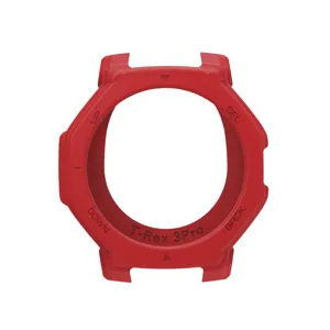 Vista detallada de la funda protectora de silicona roja con recortes precisos para botones.