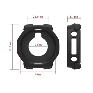 Detailed dimension drawing of black protective watch case, showing precise measurements and ports.